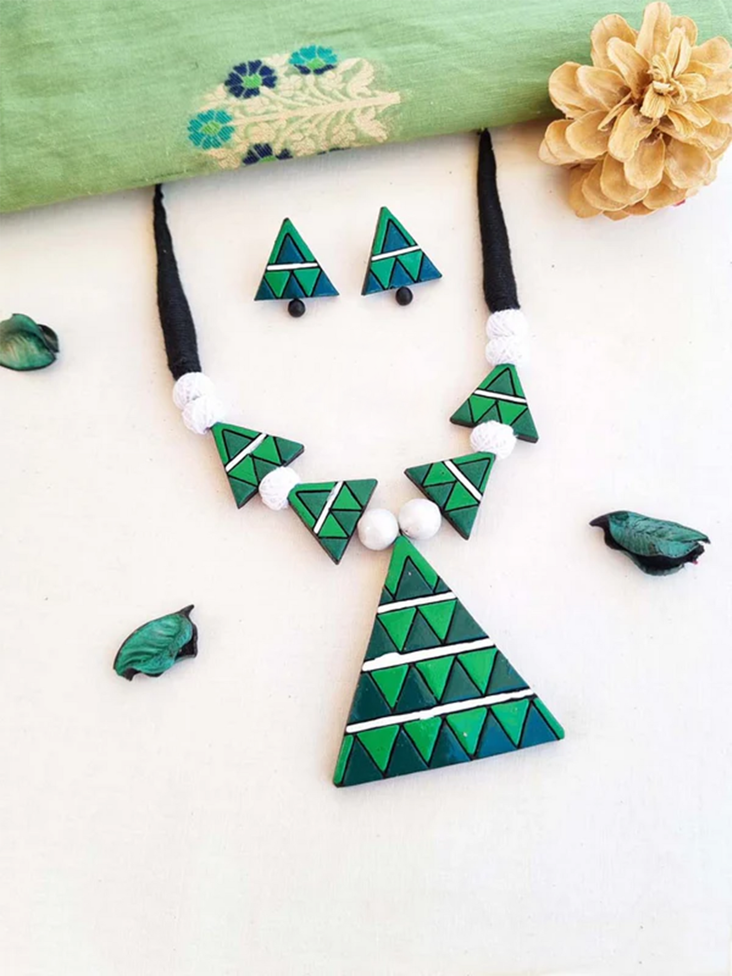 Abstract Triangle Hand Painted Necklace and Earring set in green and blue with black thread and white beads