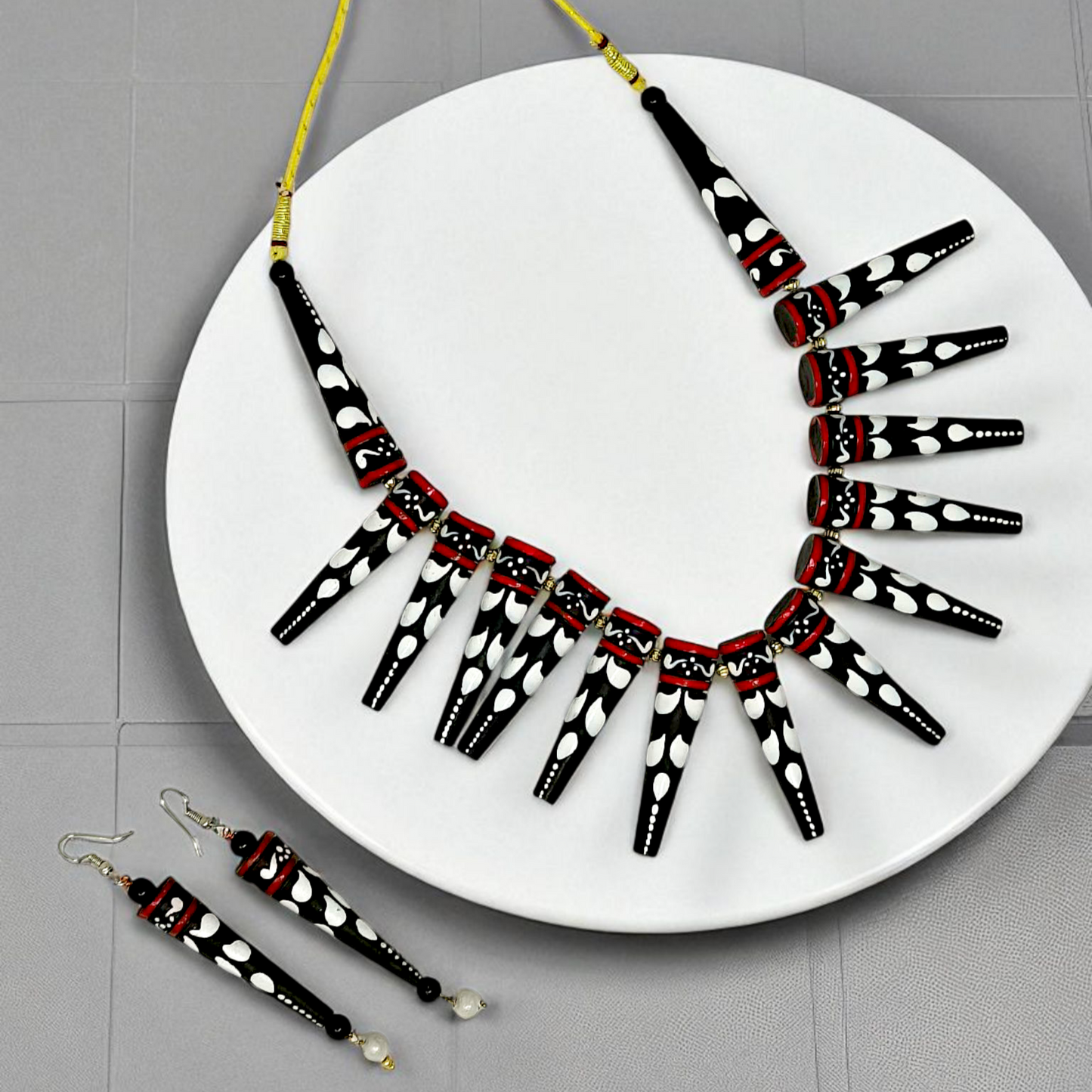 Dhaka Culture Handcrafted Terracotta Necklace Set with black and white patterned pendant pieces and matching earrings