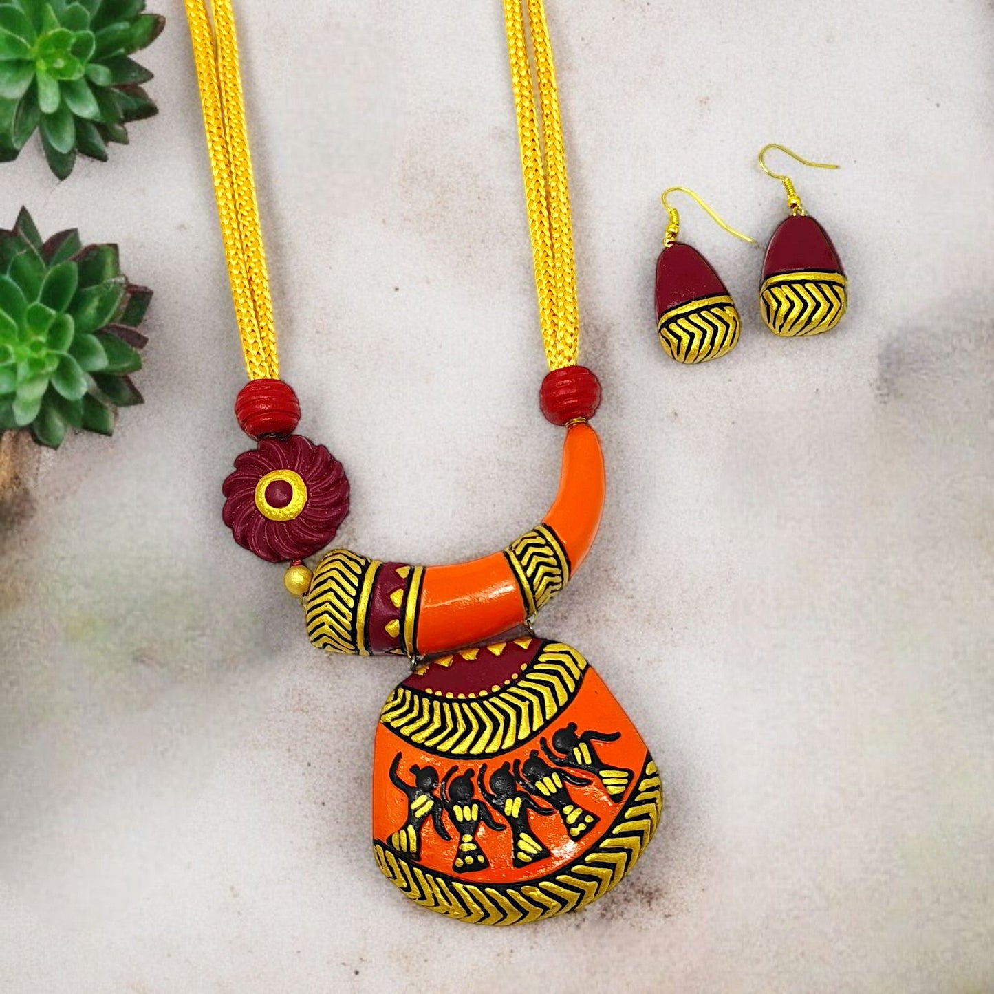 Hand Painted Terracotta Jewelry Set I Trible Necklace and Earring with vibrant orange and yellow tribal design