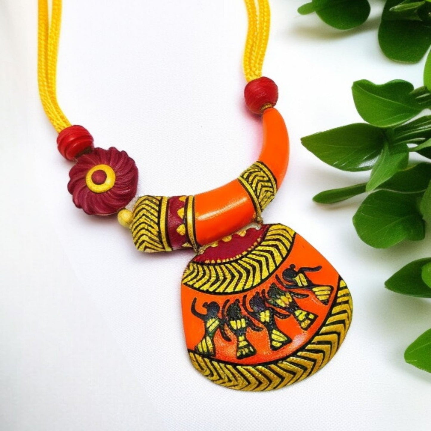 Hand Painted Terracotta Jewelry Set I Trible Necklace and Earring with vibrant orange and yellow design