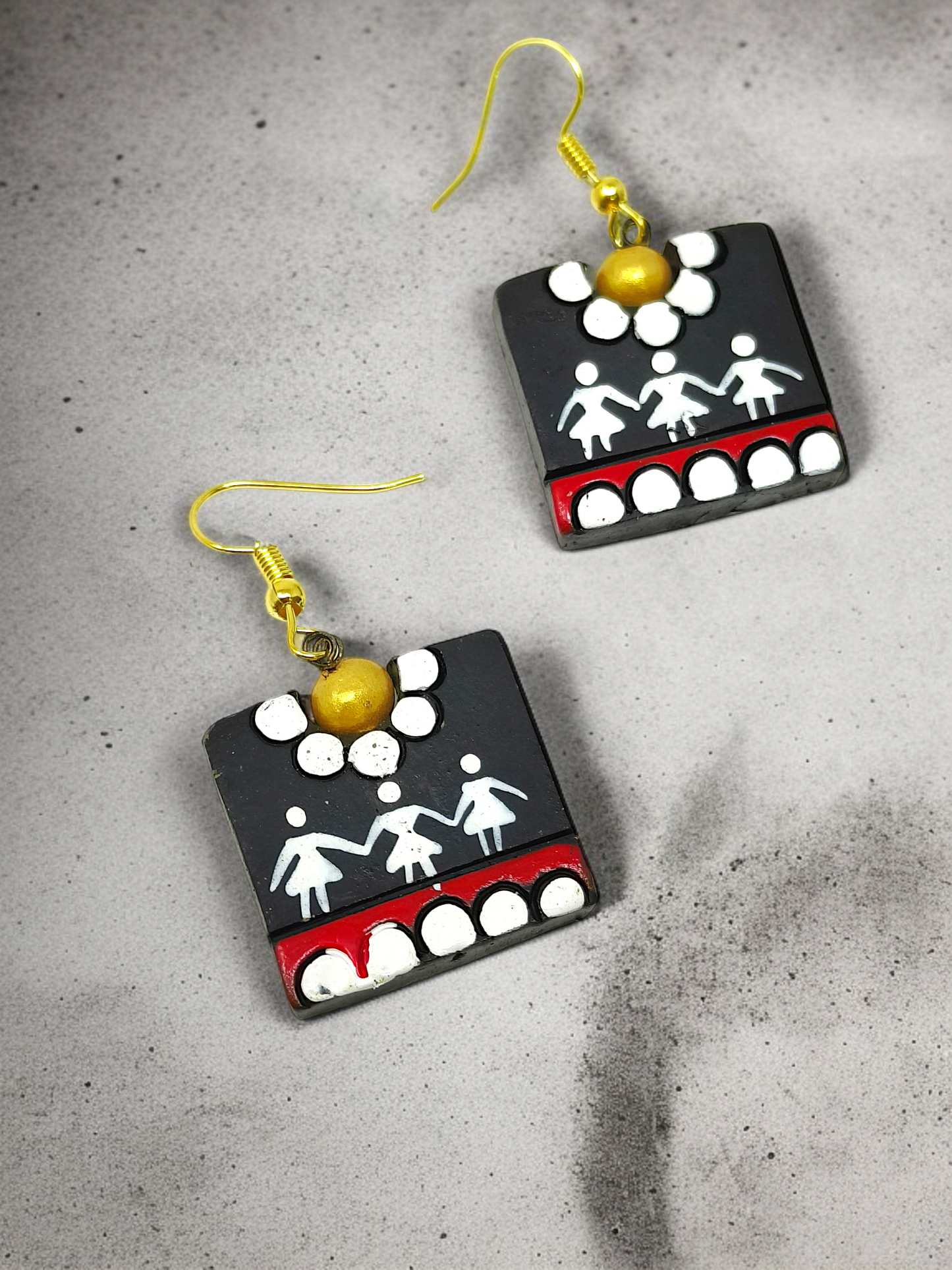Mrritika Handcrafted Warli Art Pendent and Earring with traditional white and red design on black base