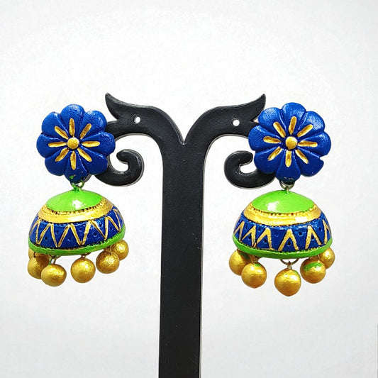 Handmade Blue & Green Ethnic Necklace Set I Parrot Green Jewelry featuring blue flower and green jhumka earrings with golden beads
