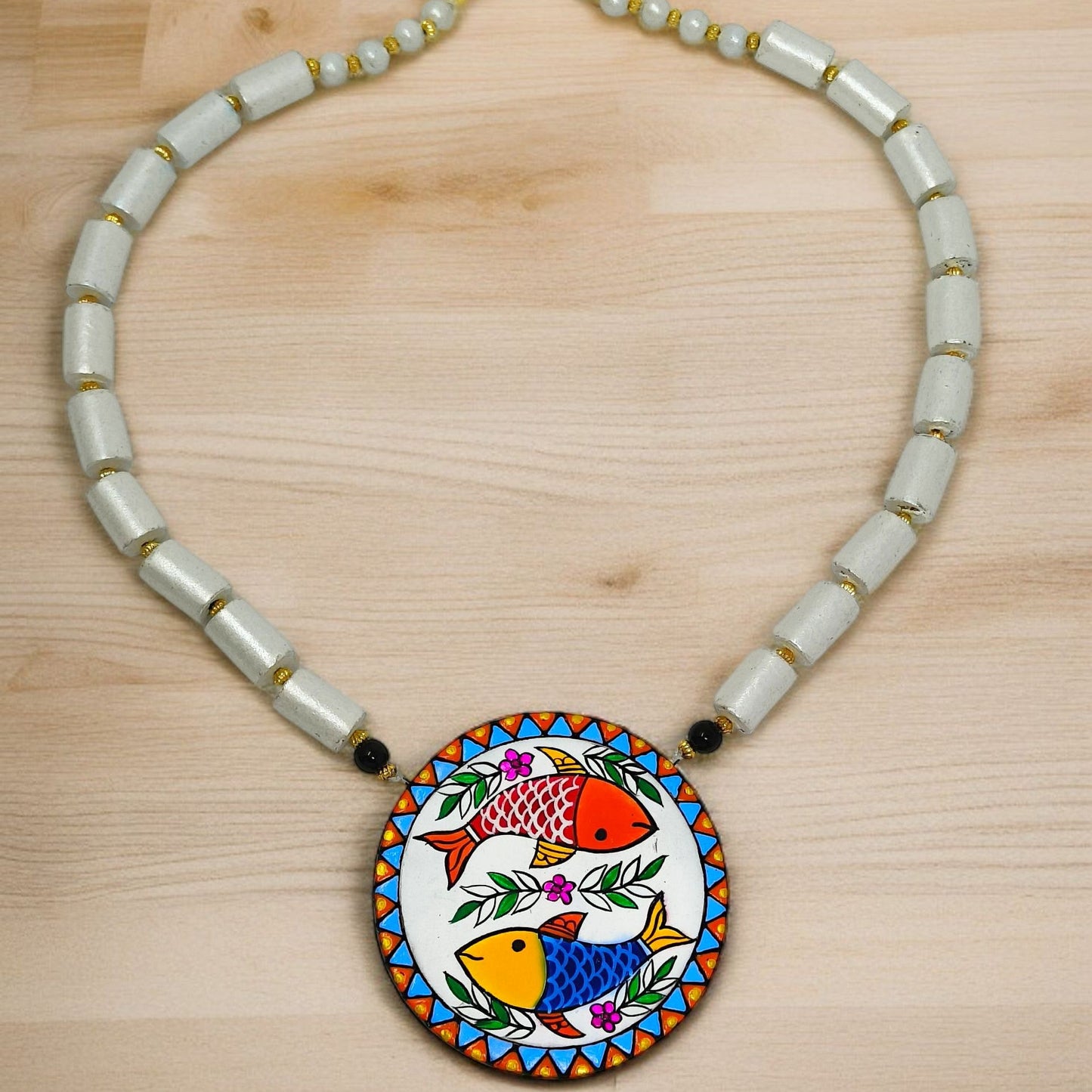 Marrtika Hand Painted Mast Machli Tie Up Necklace Set with Earring featuring colorful fish design on pendant