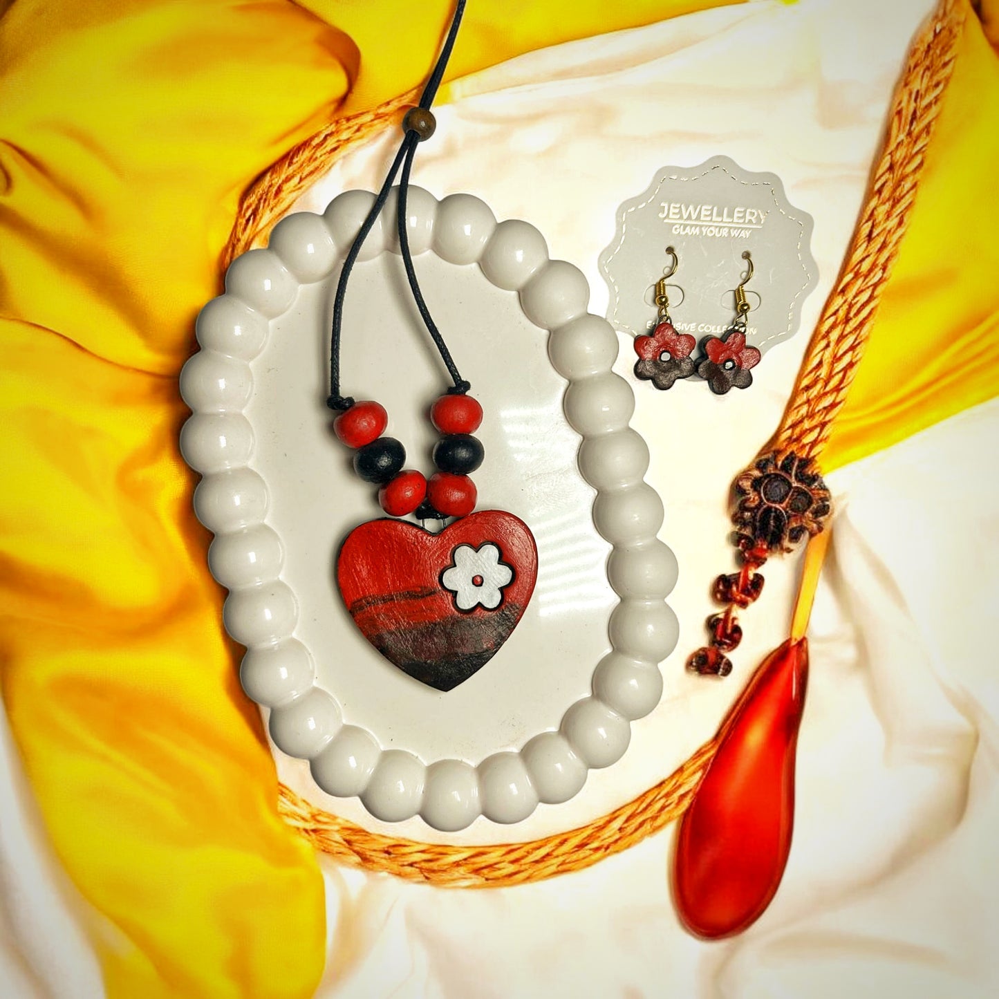 Mrritika Handmade Jewelry Set Rustic Art Necklace with Earring featuring heart pendant and floral design