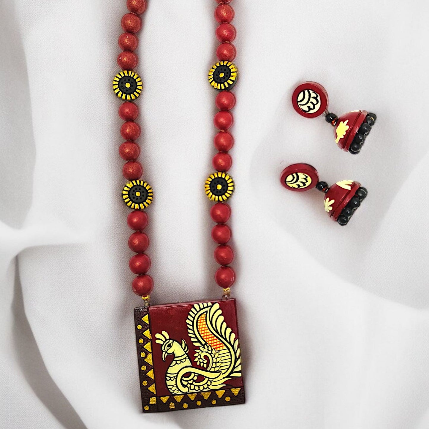 Painted Handmade Necklace Set I Peacock Necklace with Earring featuring red beads and hand-painted peacock design