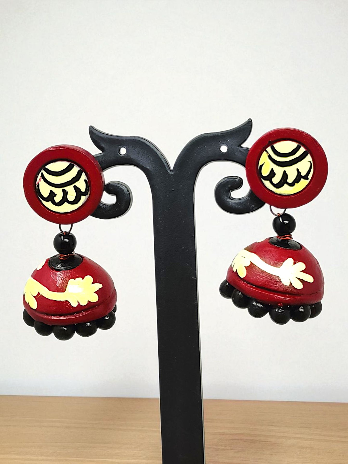 Painted Handmade Necklace Set I Peacock Necklace with Earring featuring red and black hand-painted jhumka earrings