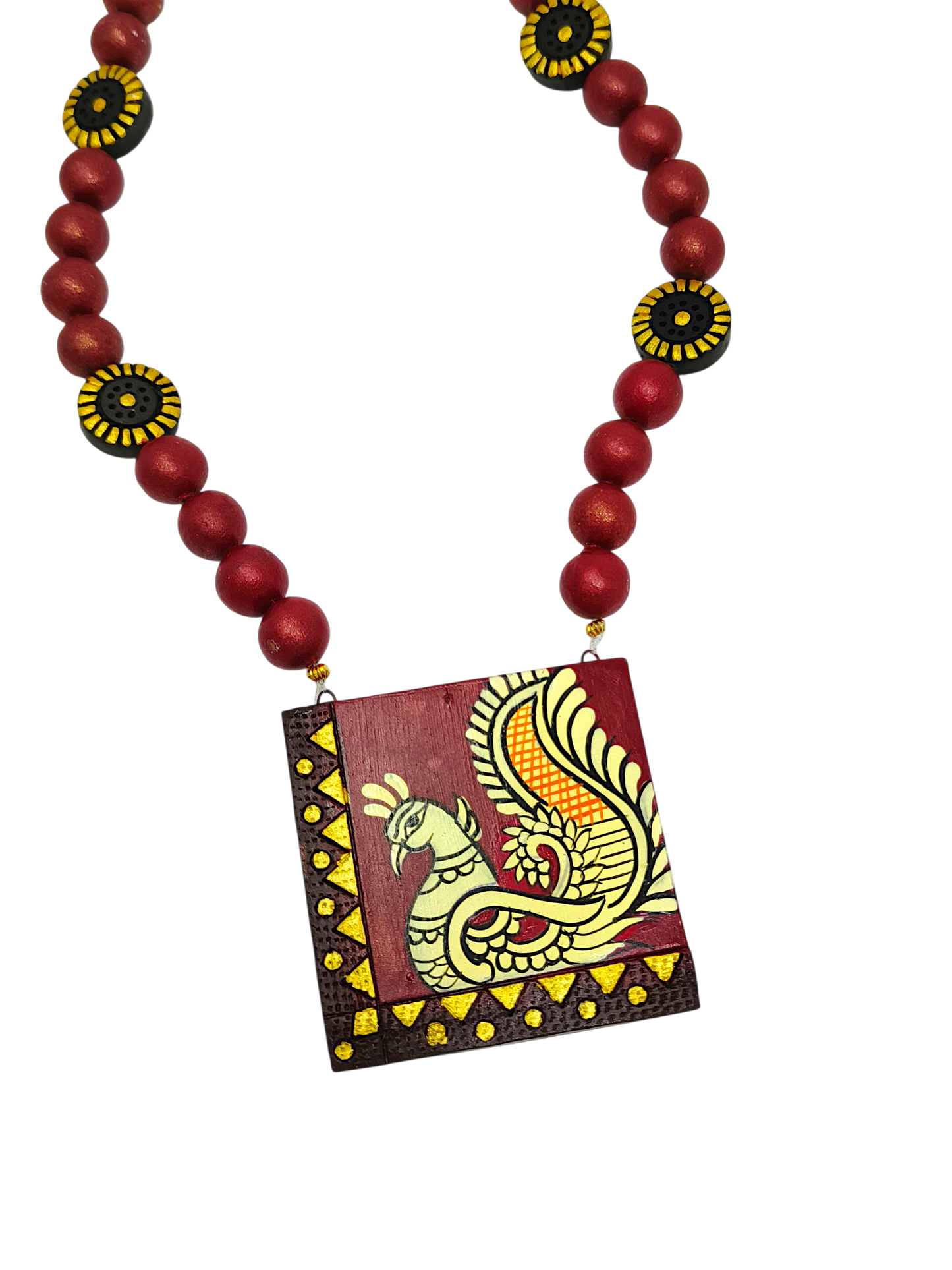 Painted Handmade Necklace Set I Peacock Necklace with Earring featuring a red beaded chain and hand-painted peacock pendant