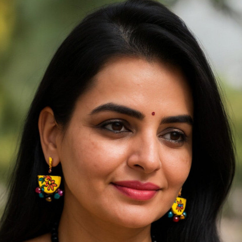 Woman wearing radiant yellow ethnic jewelry necklace and earrings with floral design in black sari