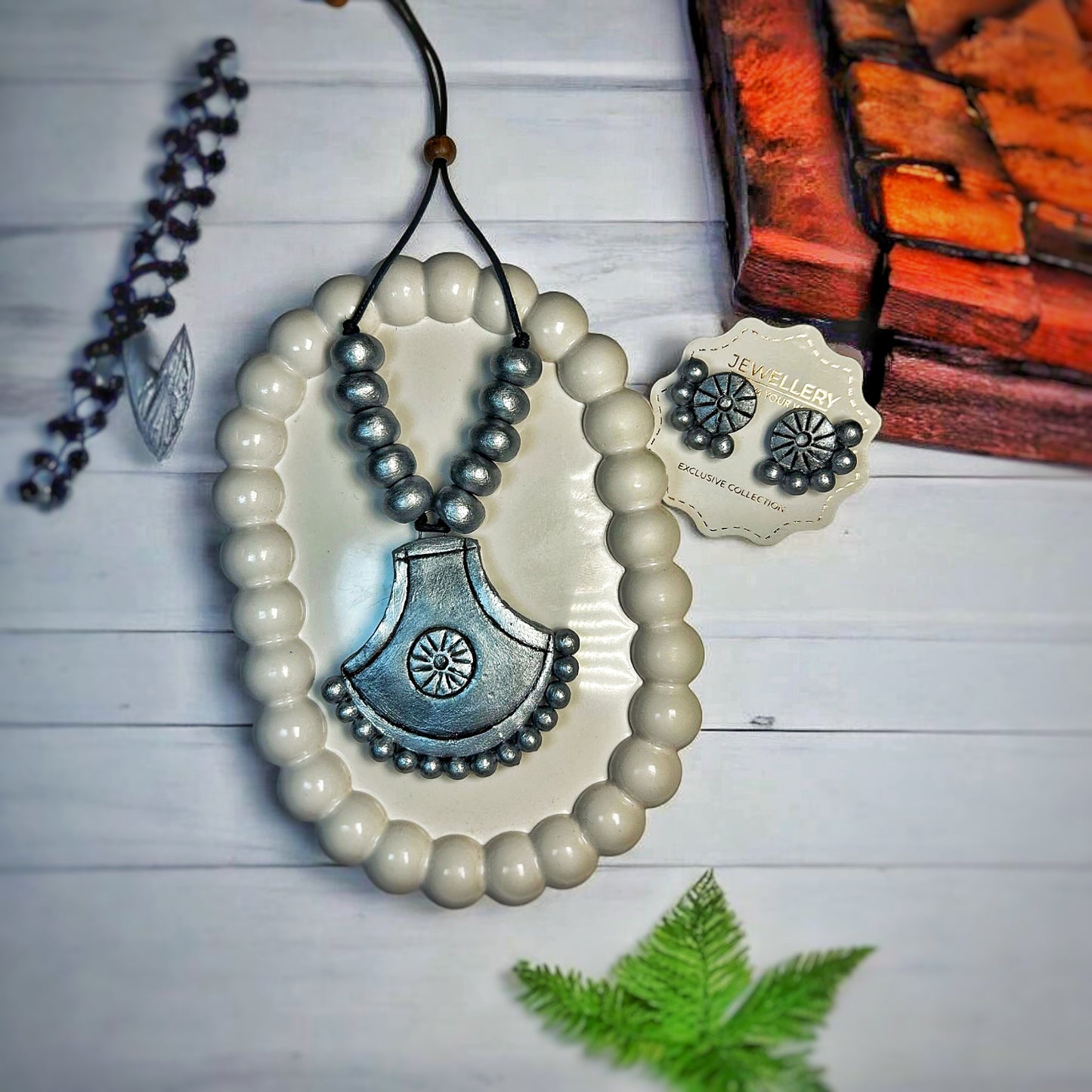 ASTRIA JEWELLERY Silver Painted Handmade Jewellery Necklace Set with white beads silver pendant and matching stud earrings