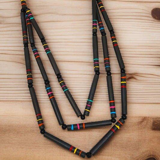 Terracotta Beaded Necklace with Earrings for Women Black Handmade Necklace by ASTRIA JEWELLERY displayed on wooden surface