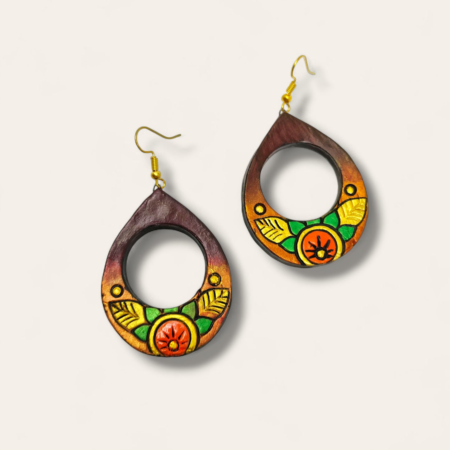 Mrritika Terracotta Floral Design Earrings with vibrant hand-painted leaves and flower motifs