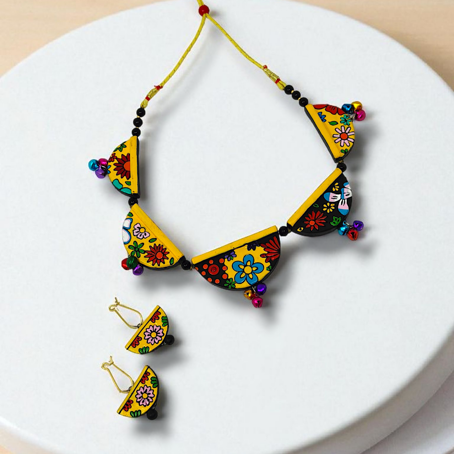 Terracotta Geometry Jewelry Set Statement Necklace with Earring featuring colorful floral designs and decorative beads