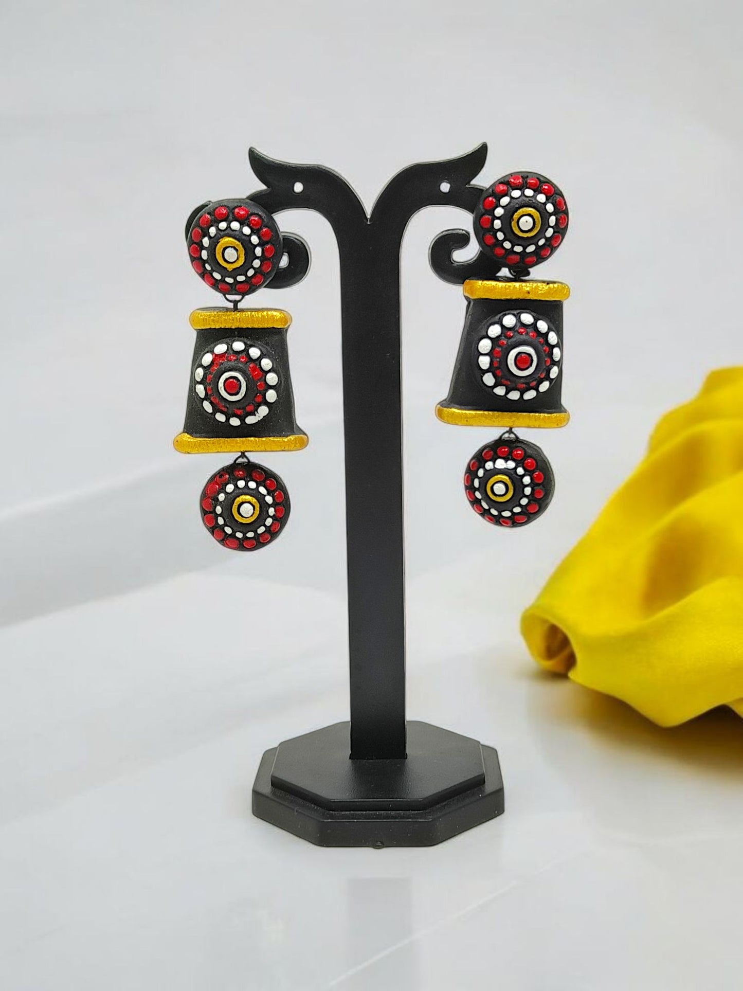 Tribal Hand Pained Ethnic Necklace Set I Handmade Pendent Earring black and red handmade ethnic earrings on display stand