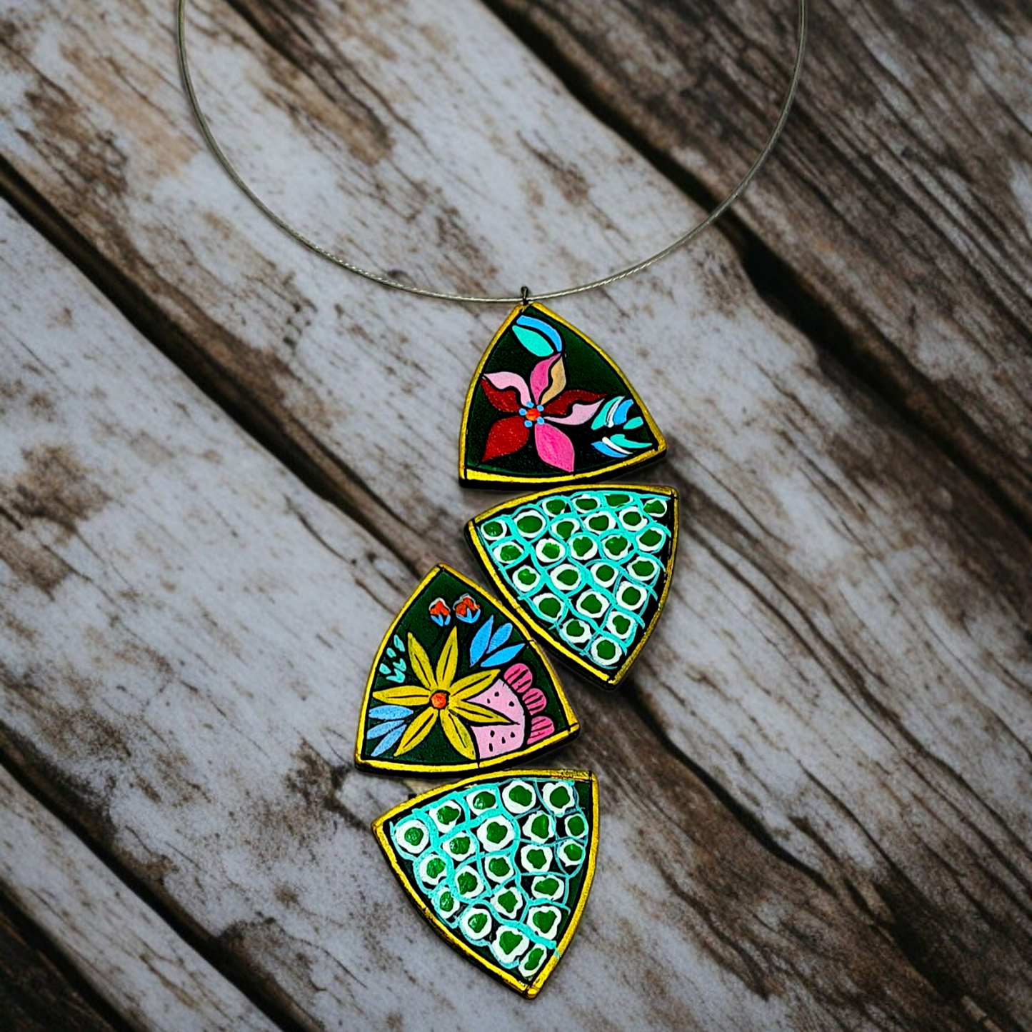 Tribal Terracotta Clay Flower Motif Necklace with Earrings featuring colorful hand-painted floral and geometric designs