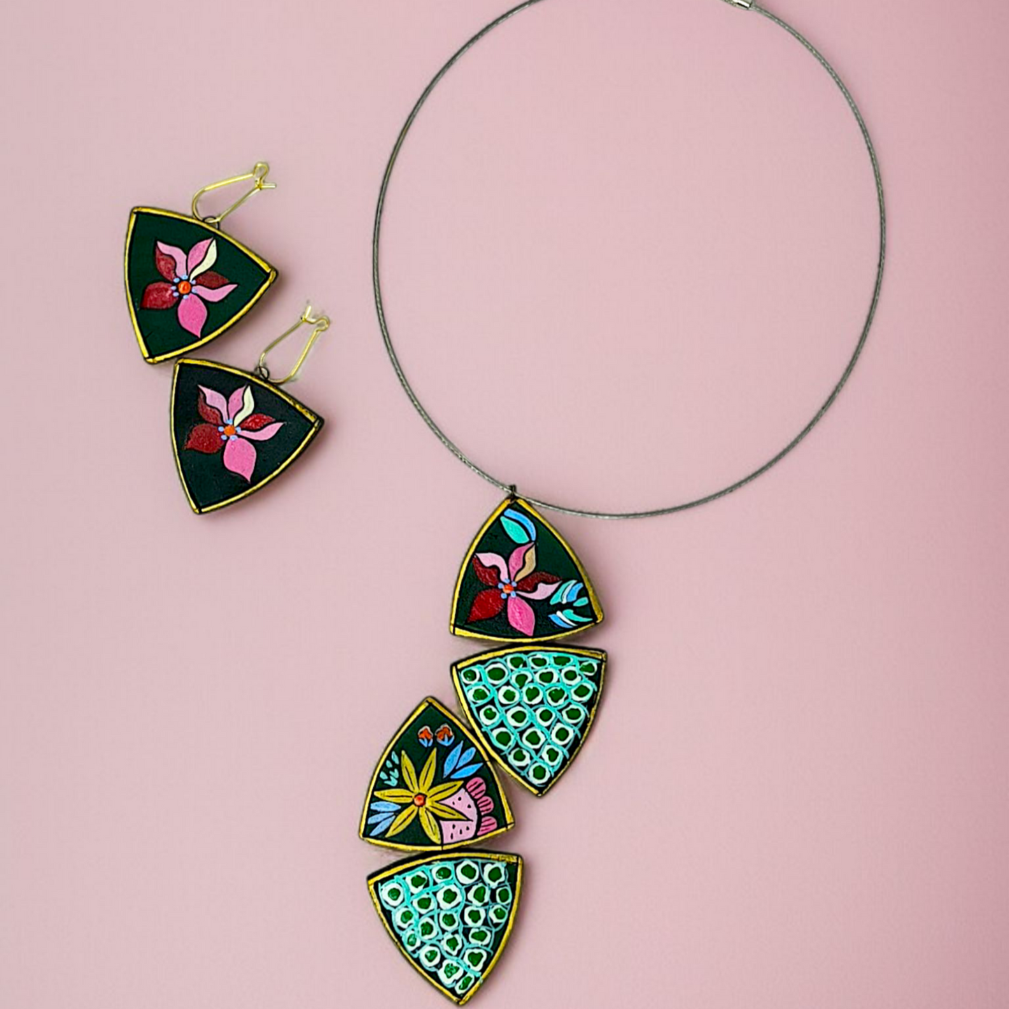 Tribal Terracotta Clay Flower Motif Necklace with Earrings featuring colorful floral design on black background