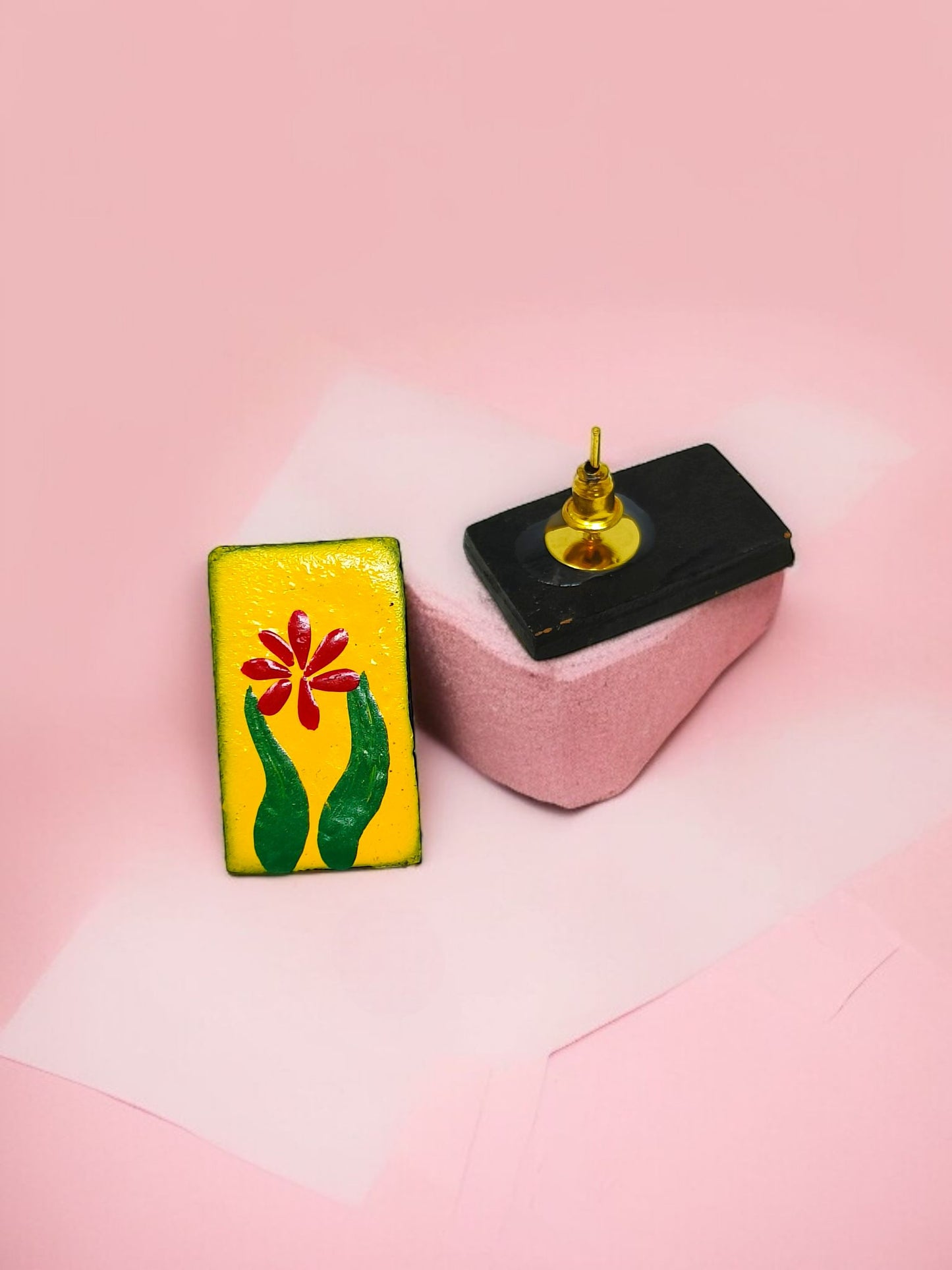 Mrritika handcrafted rectangular stud earrings with floral design in yellow, red, and green colors
