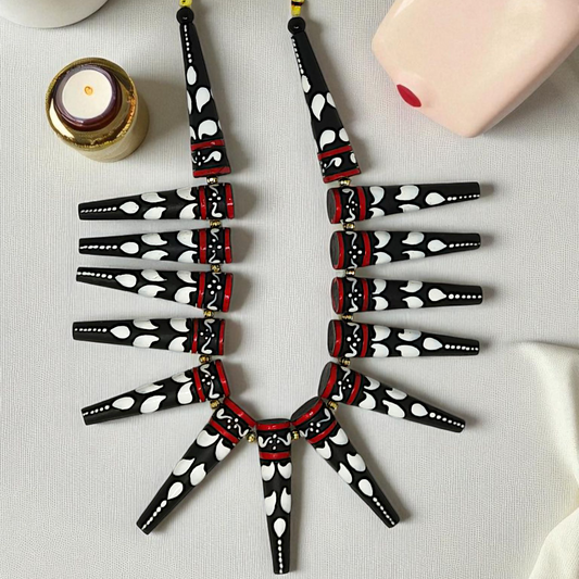 Dhaka Culture Handcrafted Terracotta Necklace Set with black white and red detailed beads by ASTRIA JEWELLERY