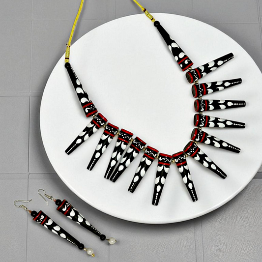 Dhaka Culture Handcrafted Terracotta Necklace Set with black and white patterned pendant pieces and matching earrings