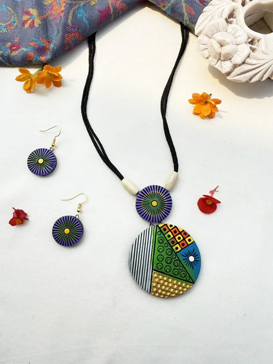 Geometric Design Terracotta Jewelry Set - Circle Pendant with Earrings in vibrant colors and intricate patterns