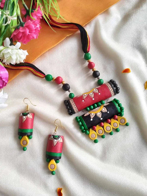 Hand Painted Premium Tribal Art Pendant Terracotta Jewellery Set with colorful beads and intricate traditional design