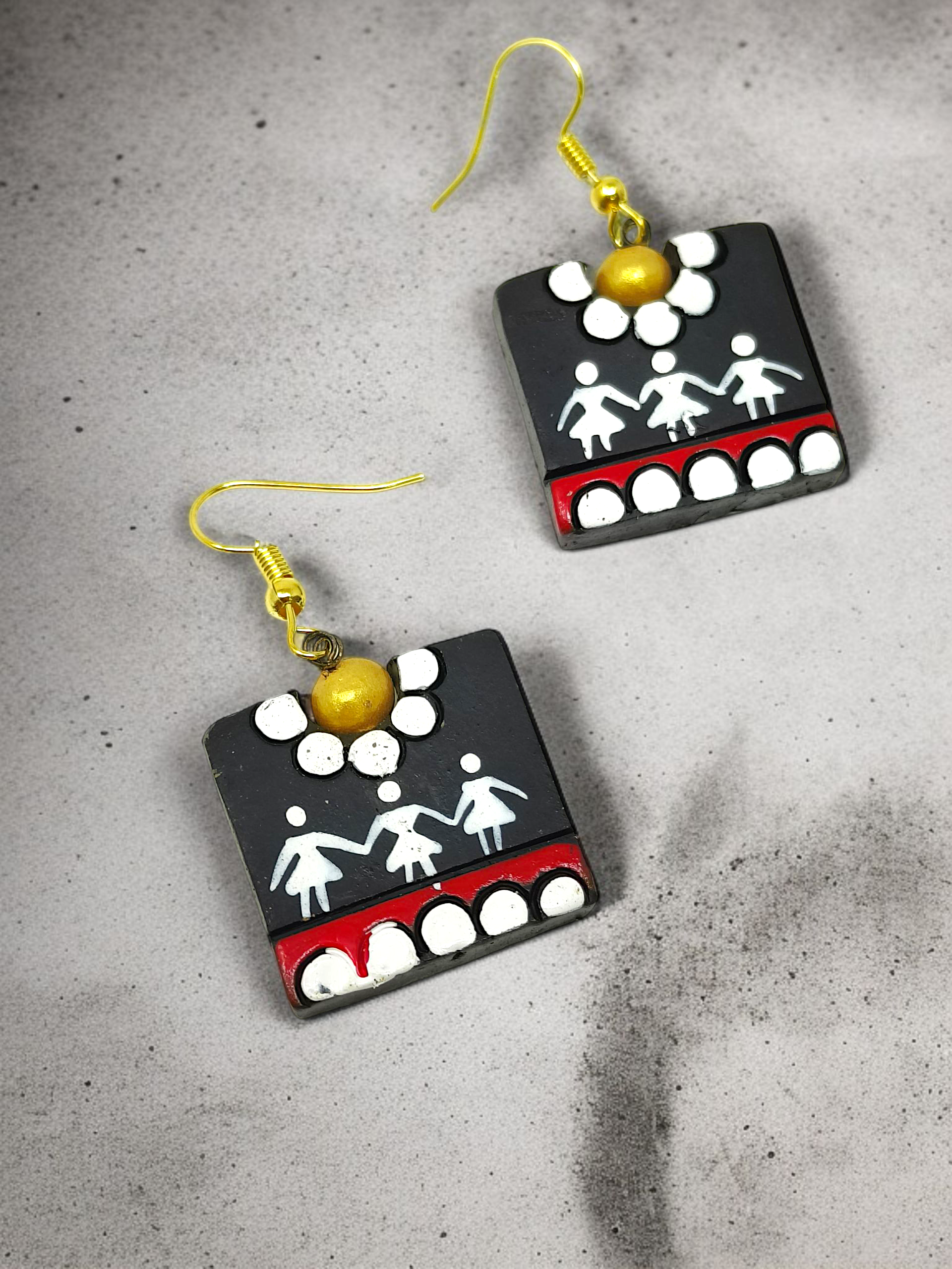  Mrritika Handcrafted Warli Art Pendent and Earring with traditional white and red design on black base