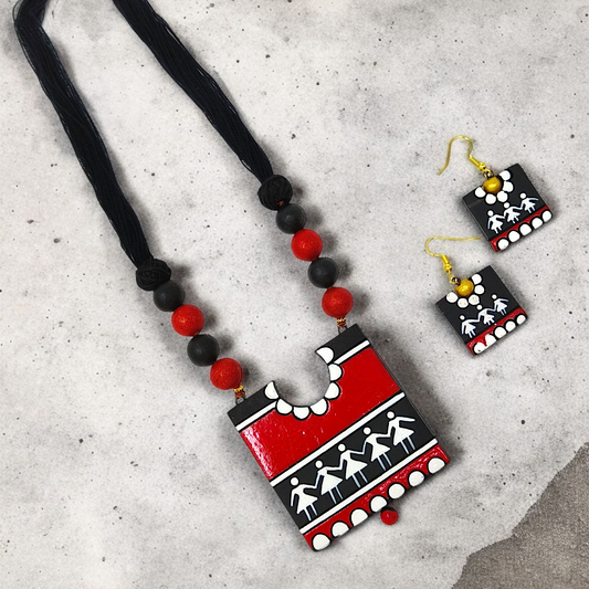 Handcrafted Warli Art Pendent and Earring set with red black white tribal design from Mrritika Handmade Jewelry 