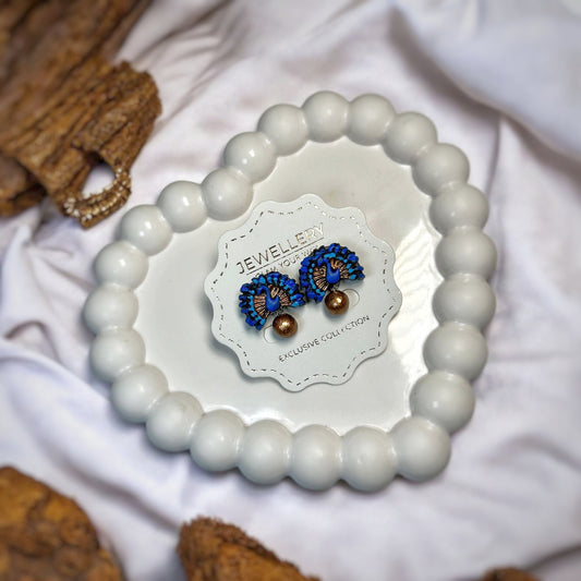 Handmade Blue Fan Earrings with intricate beadwork and gold beads from ASTRIA JEWELLERY exclusive collection