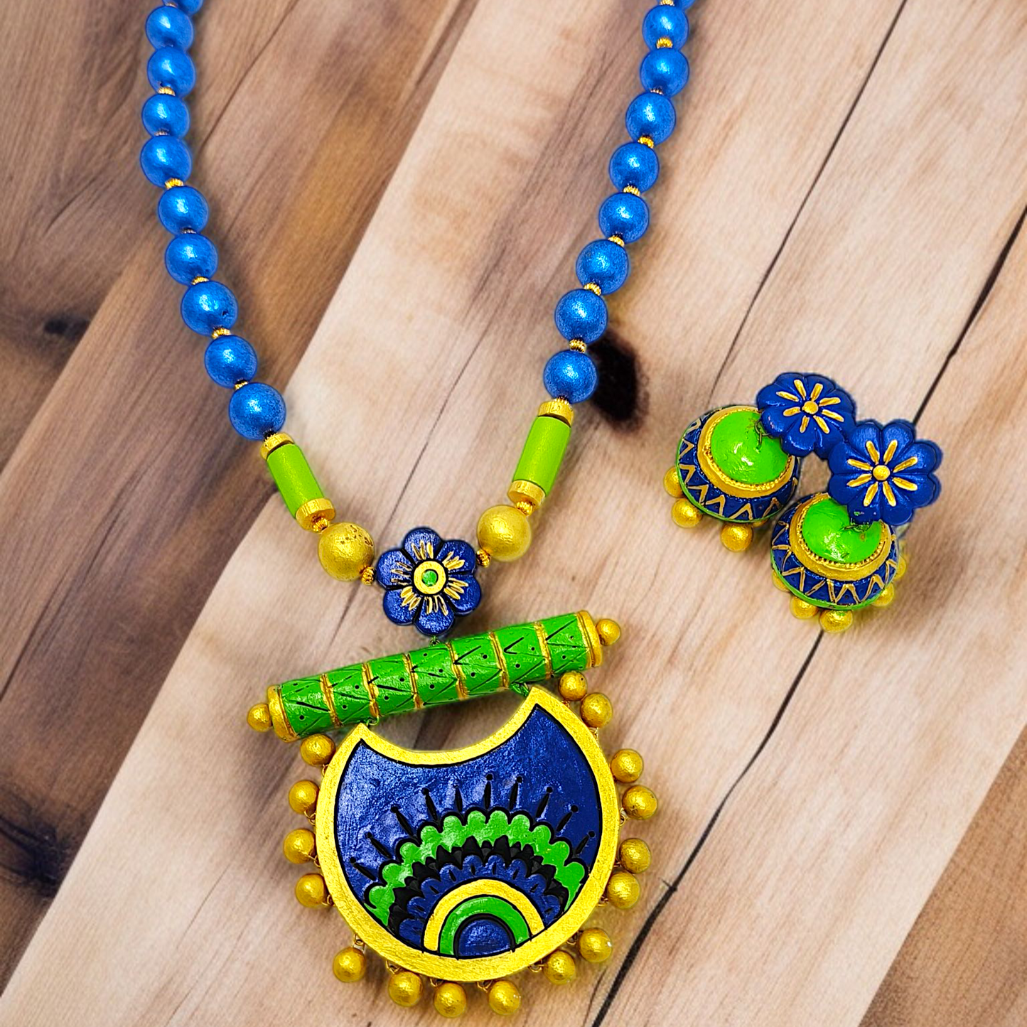 Handmade Blue & Green Ethnic Necklace Set I Parrot Green Jewelry featuring vibrant blue beads and intricate pendant with matching earrings