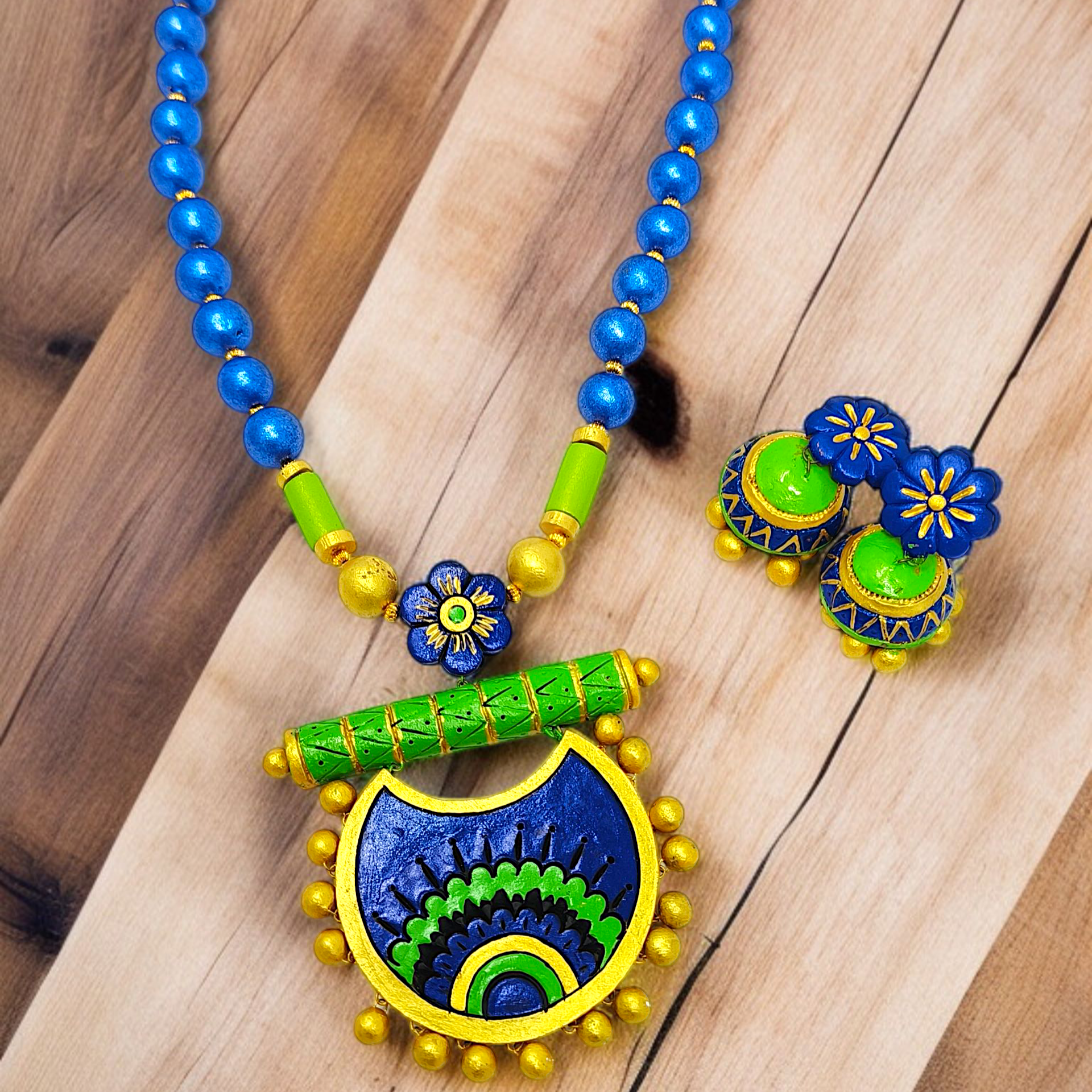 Handmade Blue & Green Ethnic Necklace Set I Parrot Green Jewelry featuring vibrant blue beads and intricate pendant with matching earrings