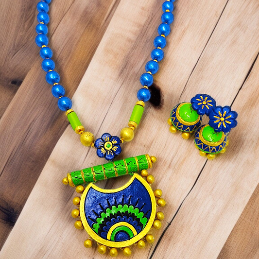 Handmade Blue & Green Ethnic Necklace Set I Parrot Green Jewelry featuring vibrant blue beads and intricate pendant with matching earrings