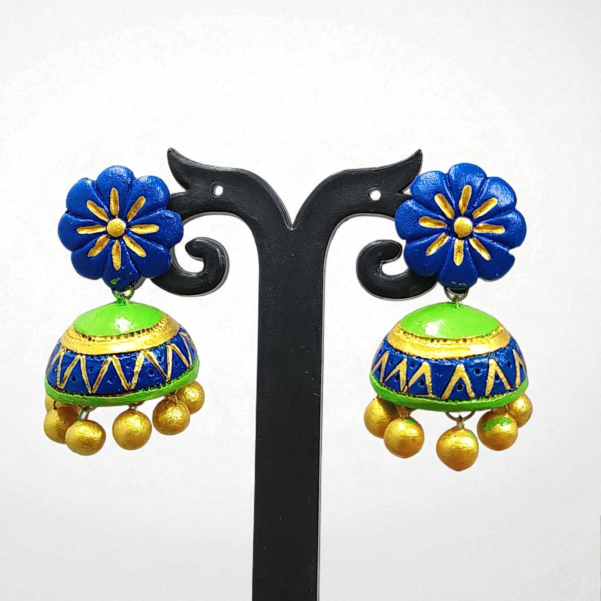 Handmade Blue & Green Ethnic Necklace Set I Parrot Green Jewelry featuring blue flower and green jhumka earrings with golden beads