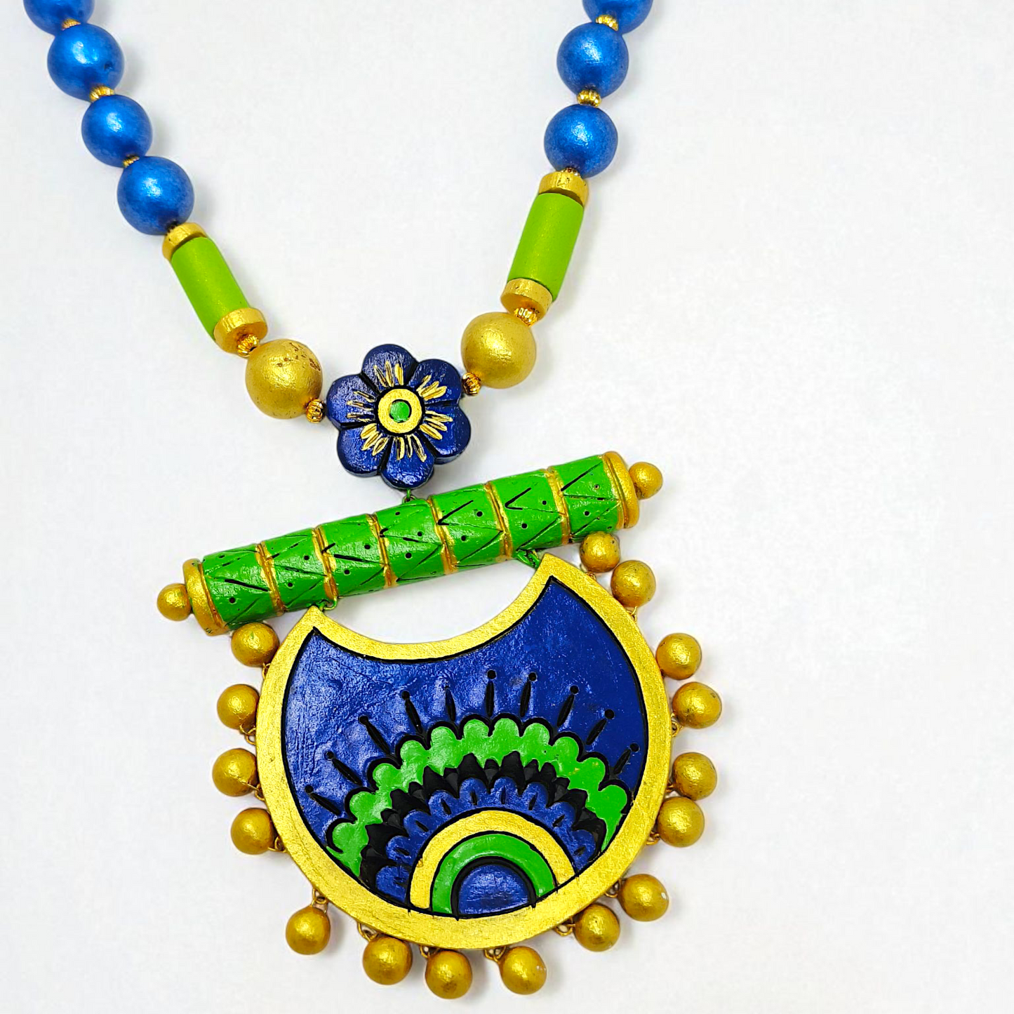 Handmade Blue & Green Ethnic Necklace Set I Parrot Green Jewelry with blue beads and detailed pendant