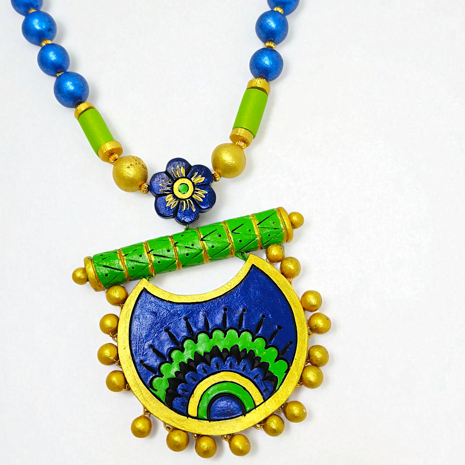 Handmade Blue & Green Ethnic Necklace Set I Parrot Green Jewelry with blue beads and detailed pendant