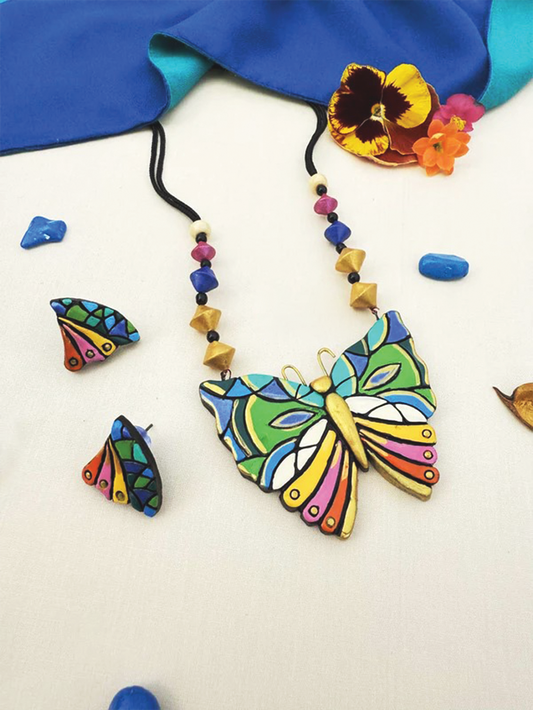 Handmade Colorful Butterfly Terracotta Necklace and Earrings with vibrant multicolor design
