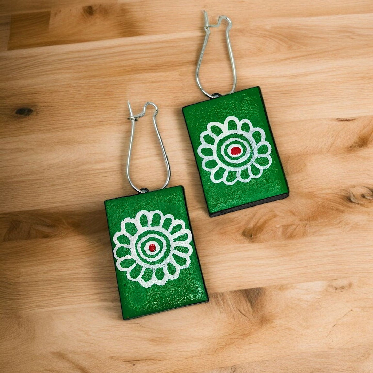 Handmade Folk Art Jewelry Neckpiece green rectangular earrings with white floral design by  Mrritika Handmade Jewelry