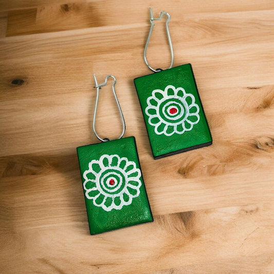 Handmade Folk Art Jewelry Neckpiece green rectangular earrings with white floral design by  Mrritika Handmade Jewelry