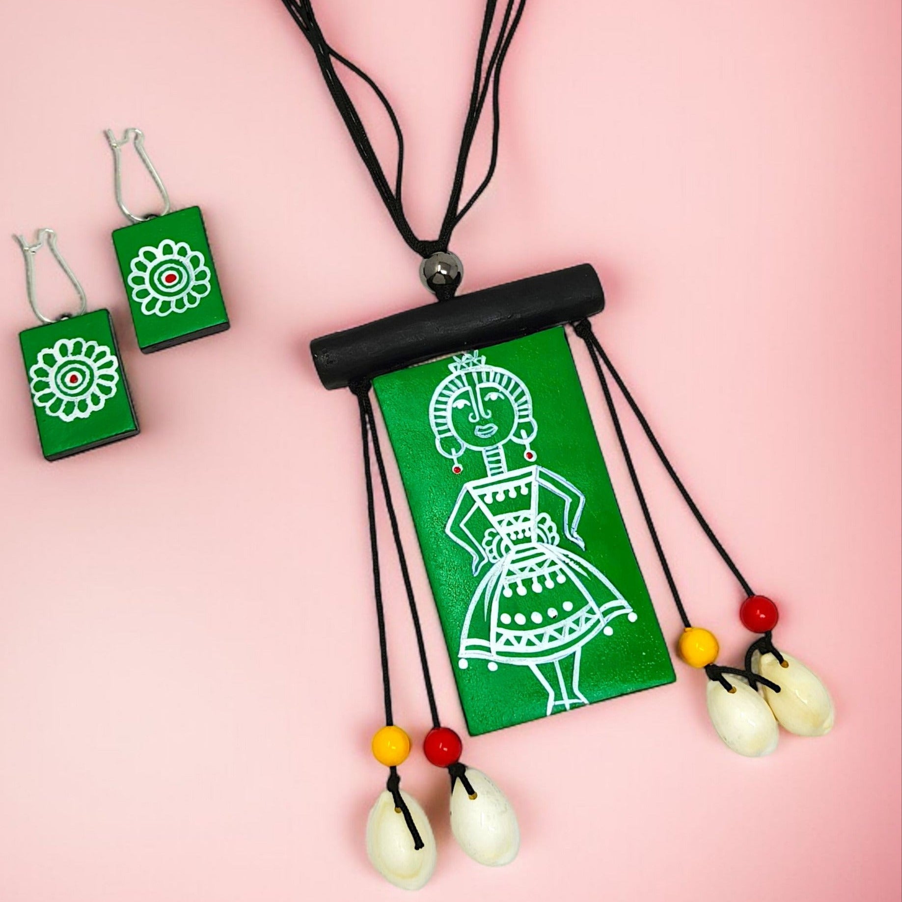 Handmade Folk Art Jewelry Neckpiece with green pendant and matching green earrings by ASTRIA JEWELLERY