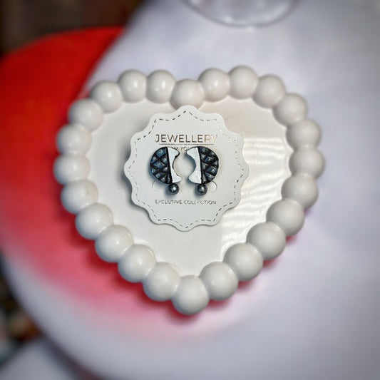 Handmade Half Circle Moon Earrings Terracotta Jewelry displayed on white card inside heart-shaped beaded decor