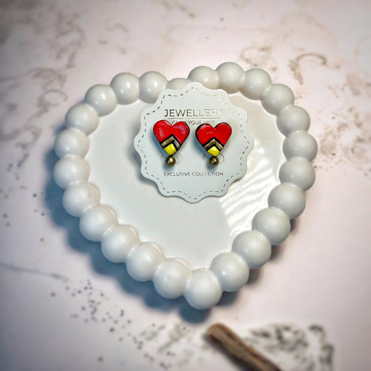 Handmade Heart Studs Earrings Red with geometric design on white jewelry card inside heart-shaped white bead frame