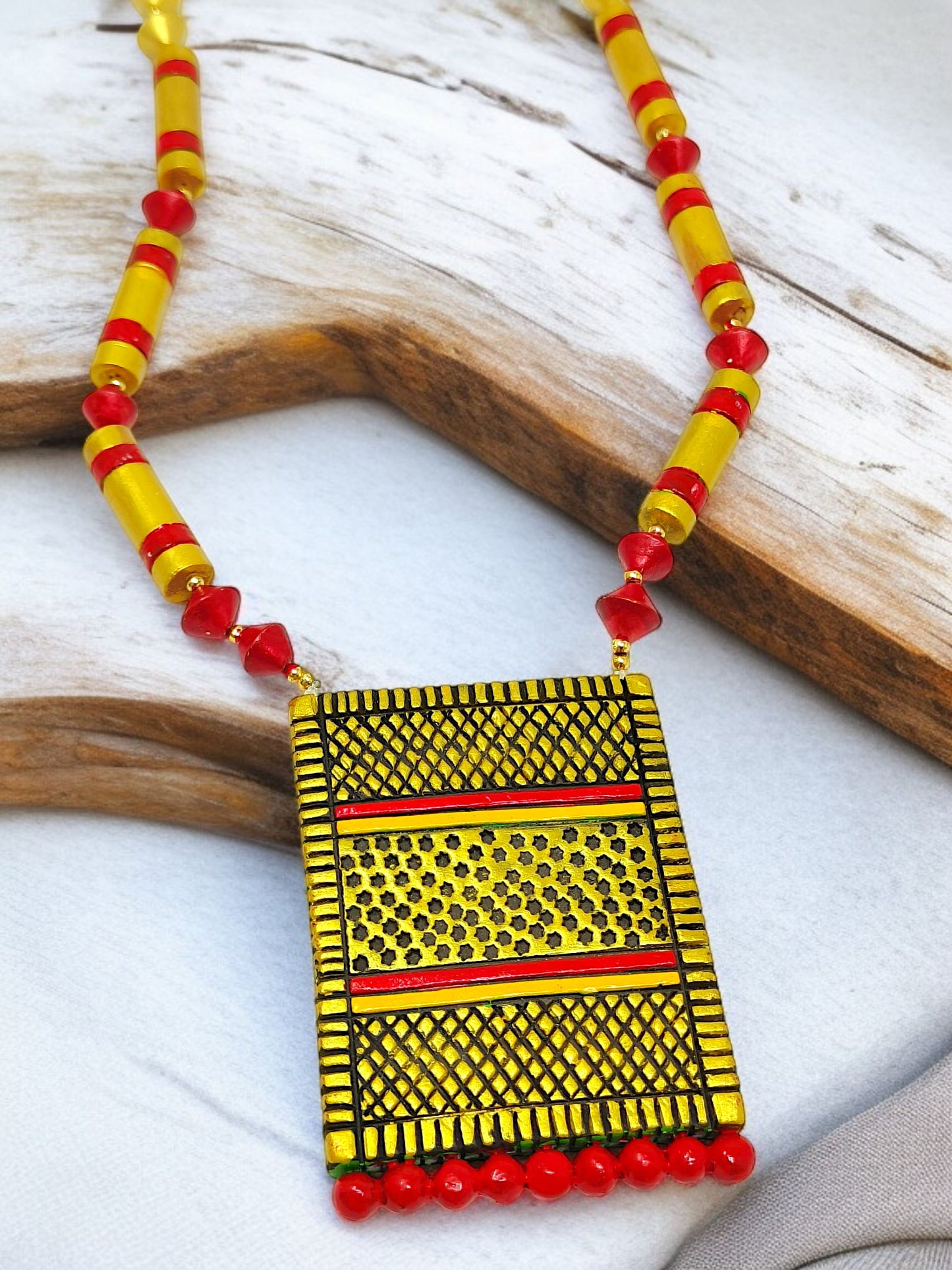 Rectangular Tribal Handmade Jewelry Set Indian Necklace and Earring with yellow and red beads
