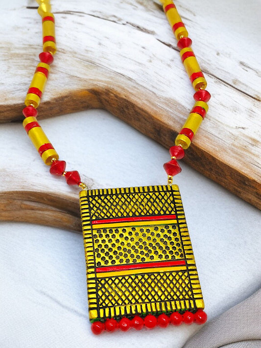 Rectangular Tribal Handmade Jewelry Set Indian Necklace and Earring with yellow and red beads