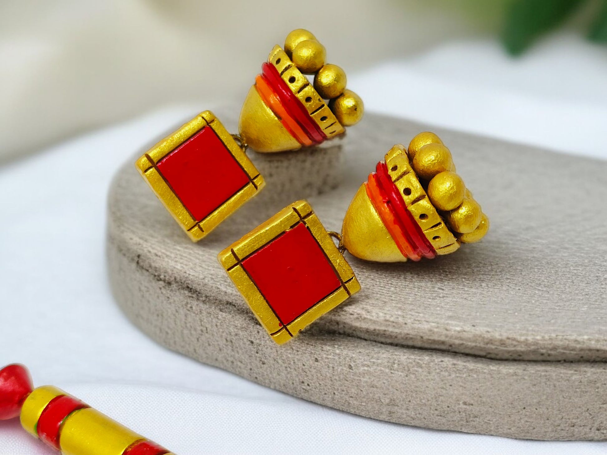 Rectangular Tribal Handmade Jewelry Set Indian Necklace and Earring with red and gold detailing