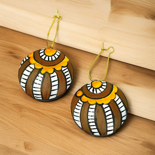 ASTRIA JEWELLERY handmade Indian necklace featuring round wooden earrings with orange and white tribal patterns