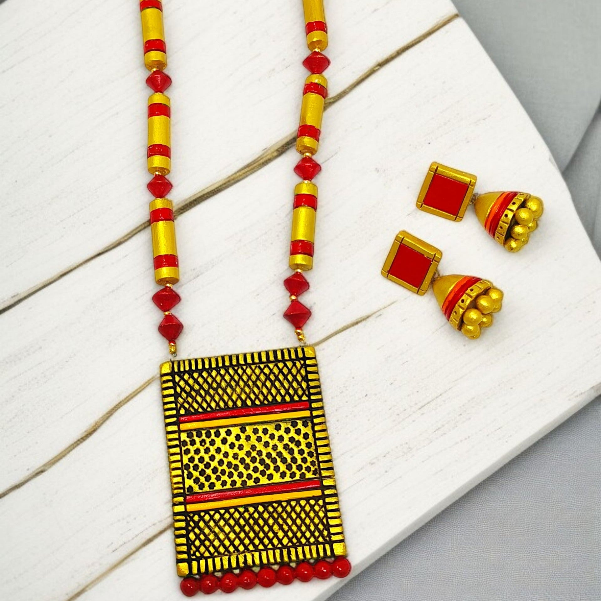 Rectangular Tribal Handmade Jewelry Set Indian Necklace and Earring in red and yellow with intricate patterns