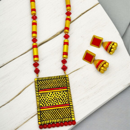 Rectangular Tribal Handmade Jewelry Set Indian Necklace and Earring in red and yellow with intricate patterns
