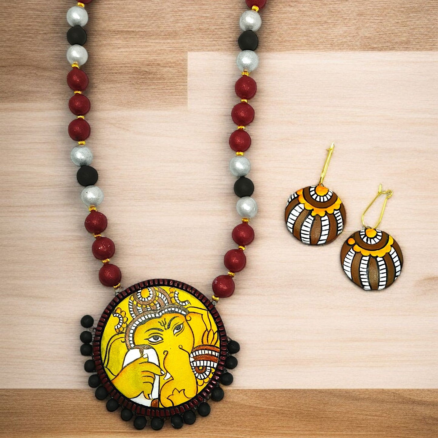 ASTRIA JEWELLERY handmade Indian necklace with painted Ganesha pendant and matching colorful earrings
