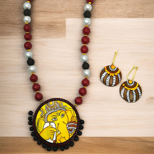 ASTRIA JEWELLERY handmade Indian necklace with painted Ganesha pendant and matching colorful earrings