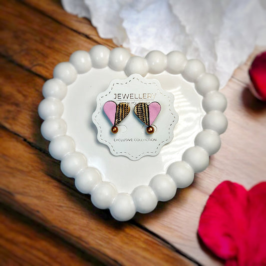Handmade Studs Vintage Rose Drop Earring displayed on a white beaded heart-shaped tray by ASTRIA JEWELLERY
