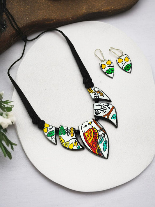 Indian Artisan Birds Print Handmade Necklace Set I Terracotta Pendent and Earring with colorful bird design and black cord