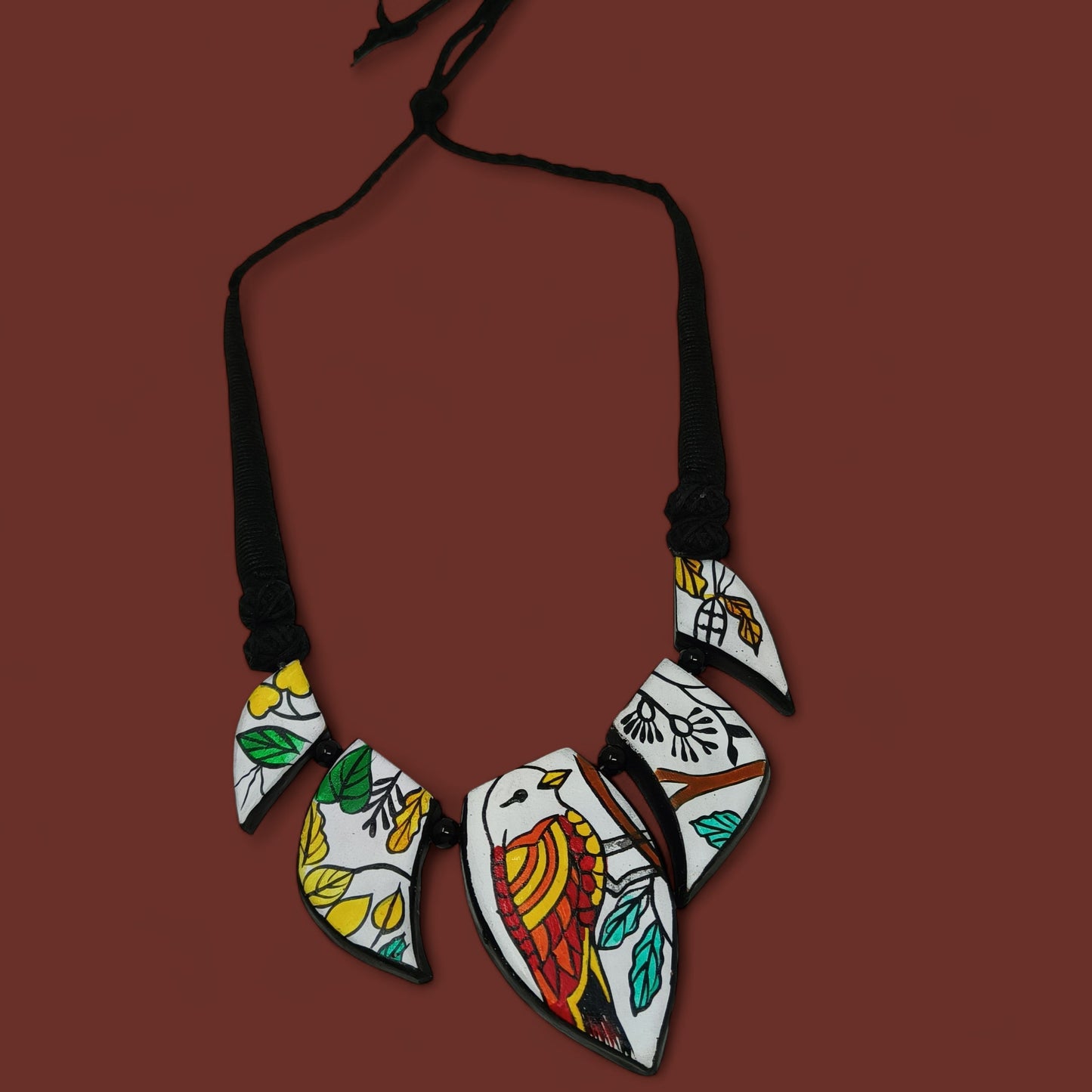 Indian Artisan Birds Print Handmade Necklace Set I Terracotta Pendent and Earring with colorful bird and leaf design